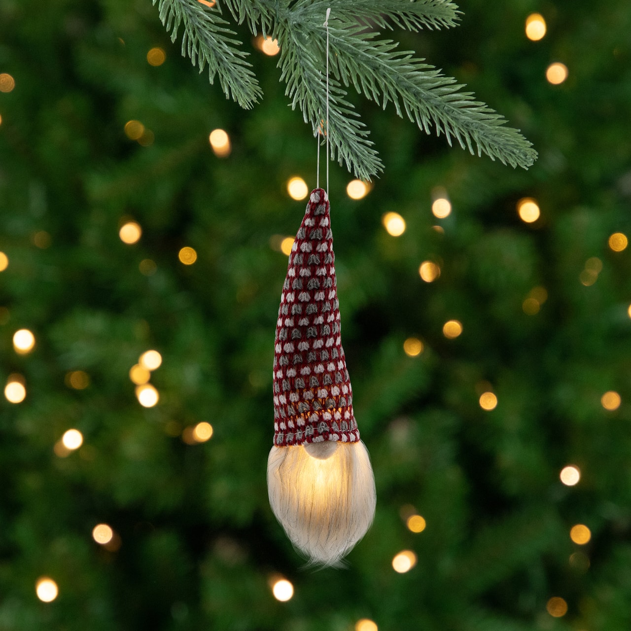 8" Red, White & Gray Knit Gnome Head LED Ornament